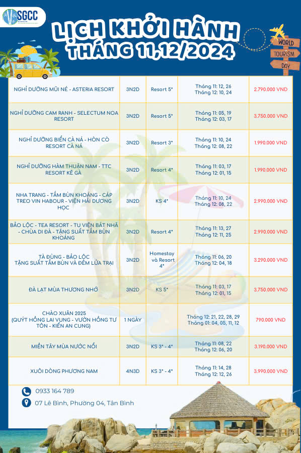 LỊCH KHỞI HÀNH THÁNG 11/2024 – THÁNG 12/2024